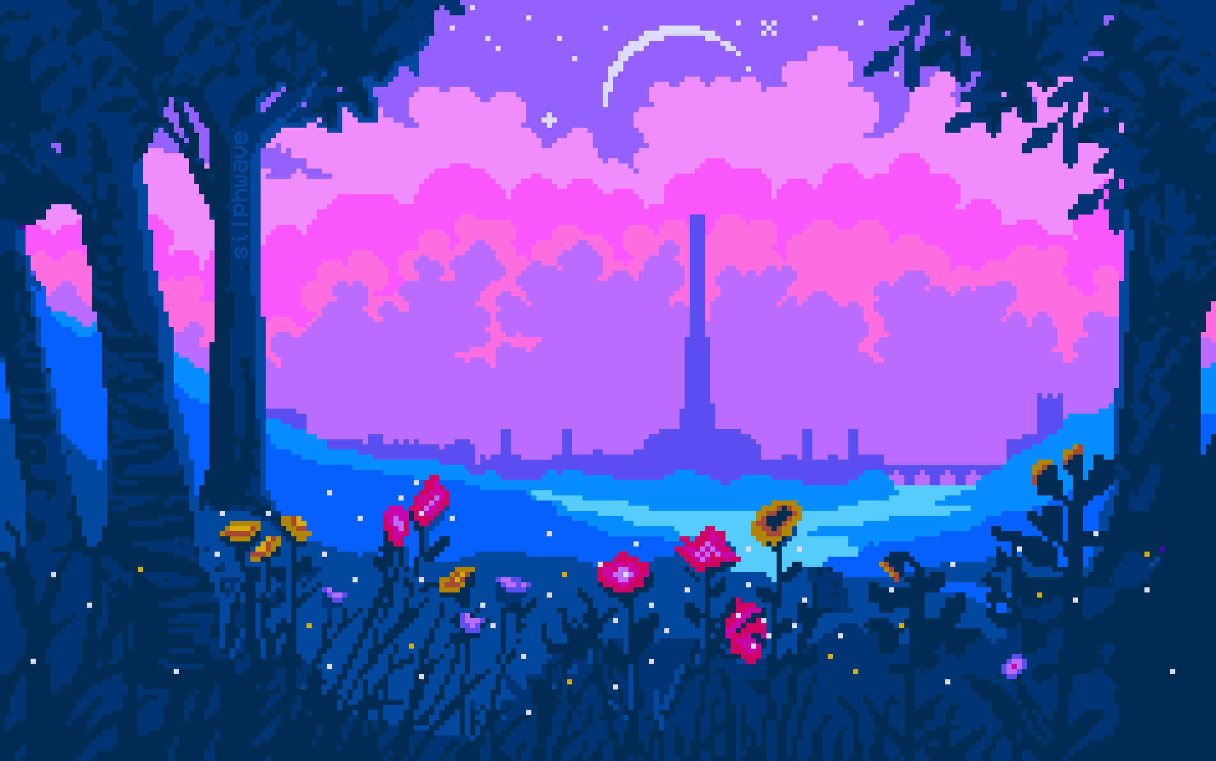 pink pixel art, pixel art forest scene, twilight, Full HD Desktop Wallpaper
