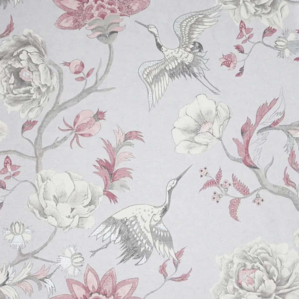 gray and pink, floral patterns, flying cranes, SD Desktop Wallpaper