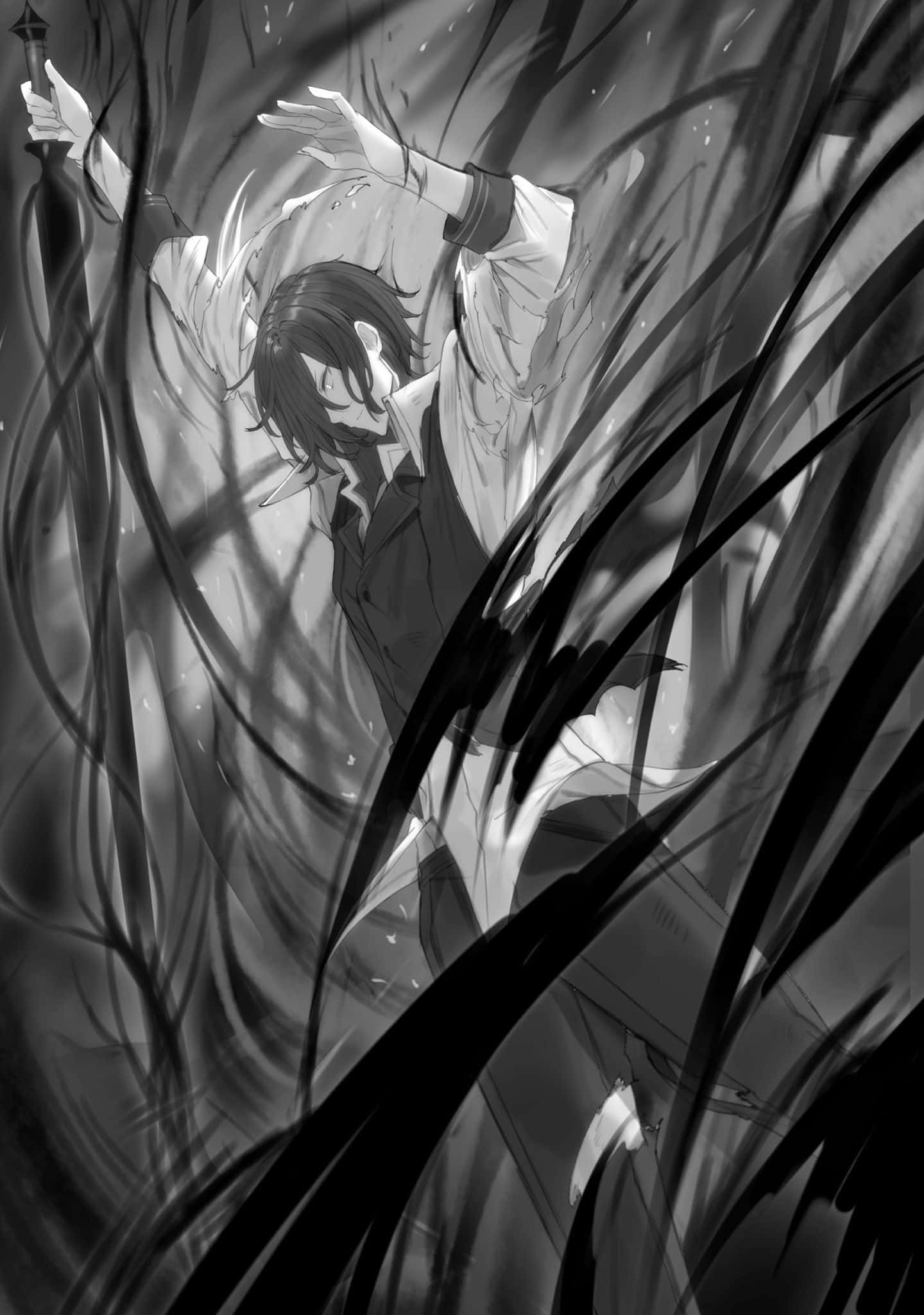 monochrome anime-style male figure, white shirt, swirling dark tendrils, Full HD Phone Wallpaper