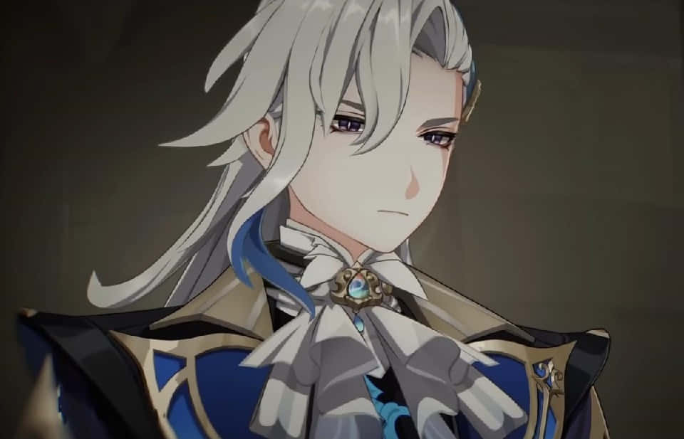 silver-haired anime character, blue and gold armor, serious expression, SD Desktop Wallpaper