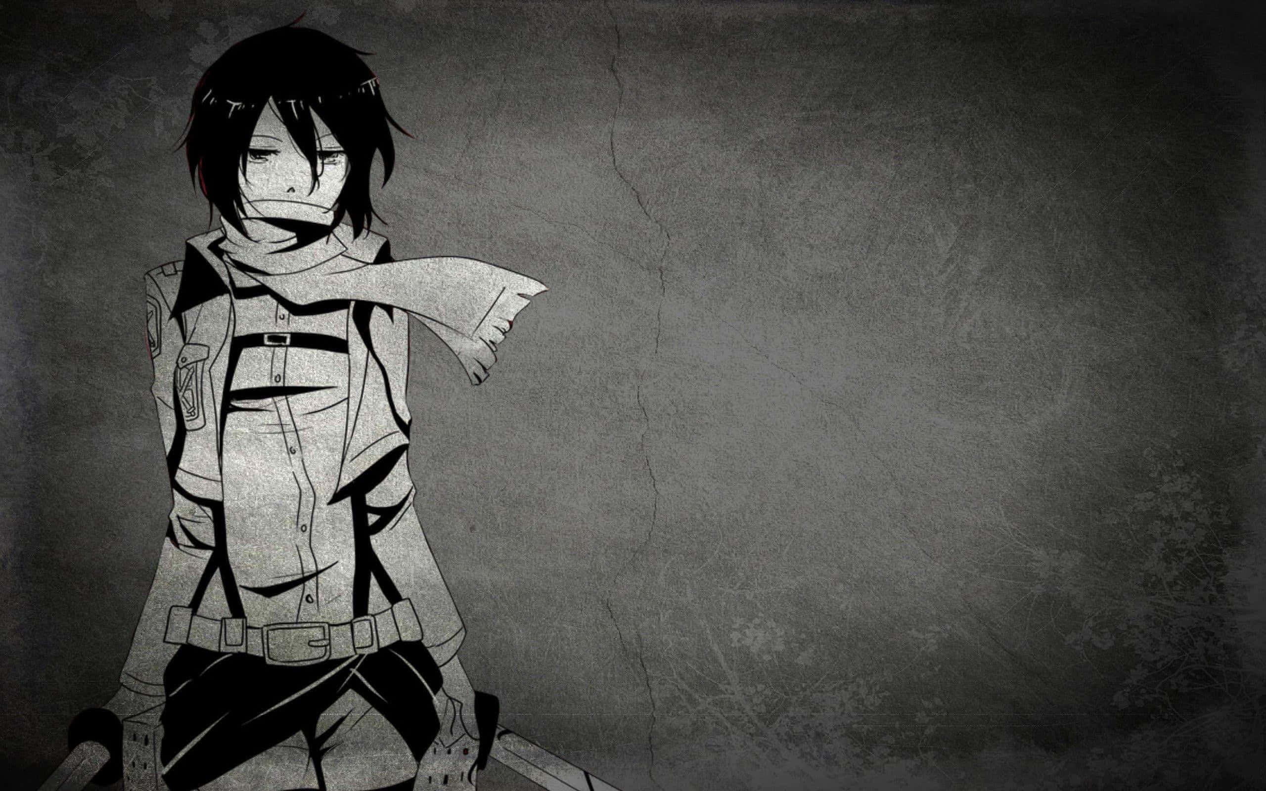 monochrome anime character, dark hair, scarf, 2K Desktop Wallpaper