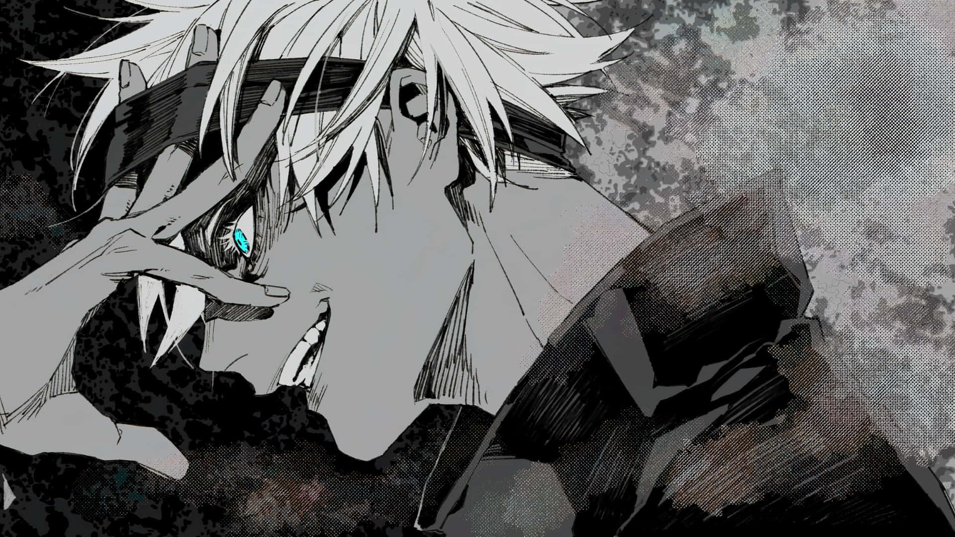 grey anime character, spiky white hair, glowing blue eye, Full HD Desktop Wallpaper