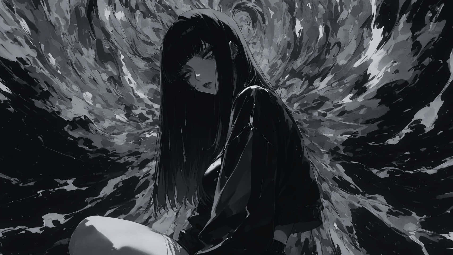 anime girl, long dark hair, swirling monochrome waves, Full HD Desktop Wallpaper