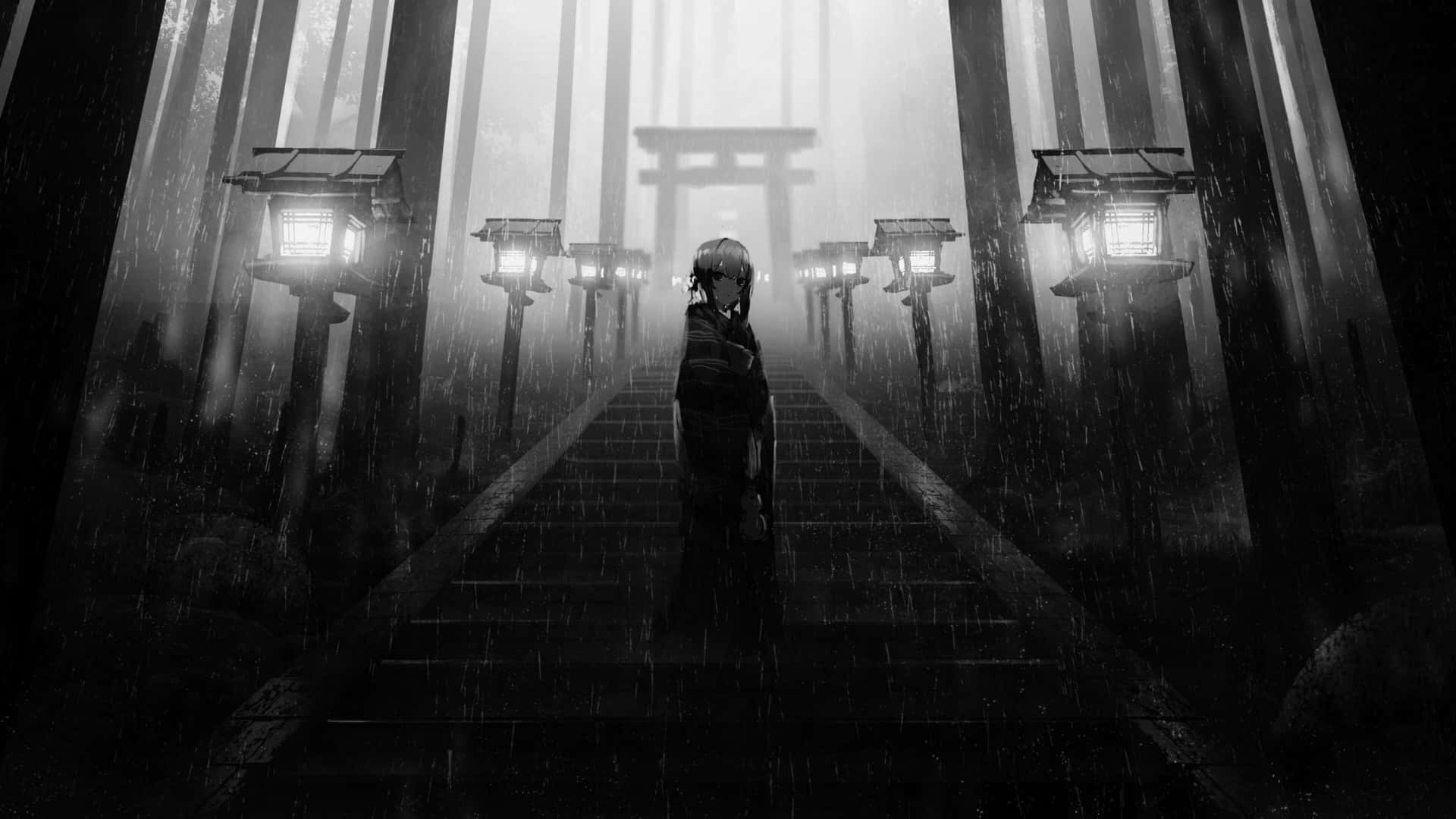 grey anime, mysterious scene, misty stone path, Full HD Desktop Wallpaper