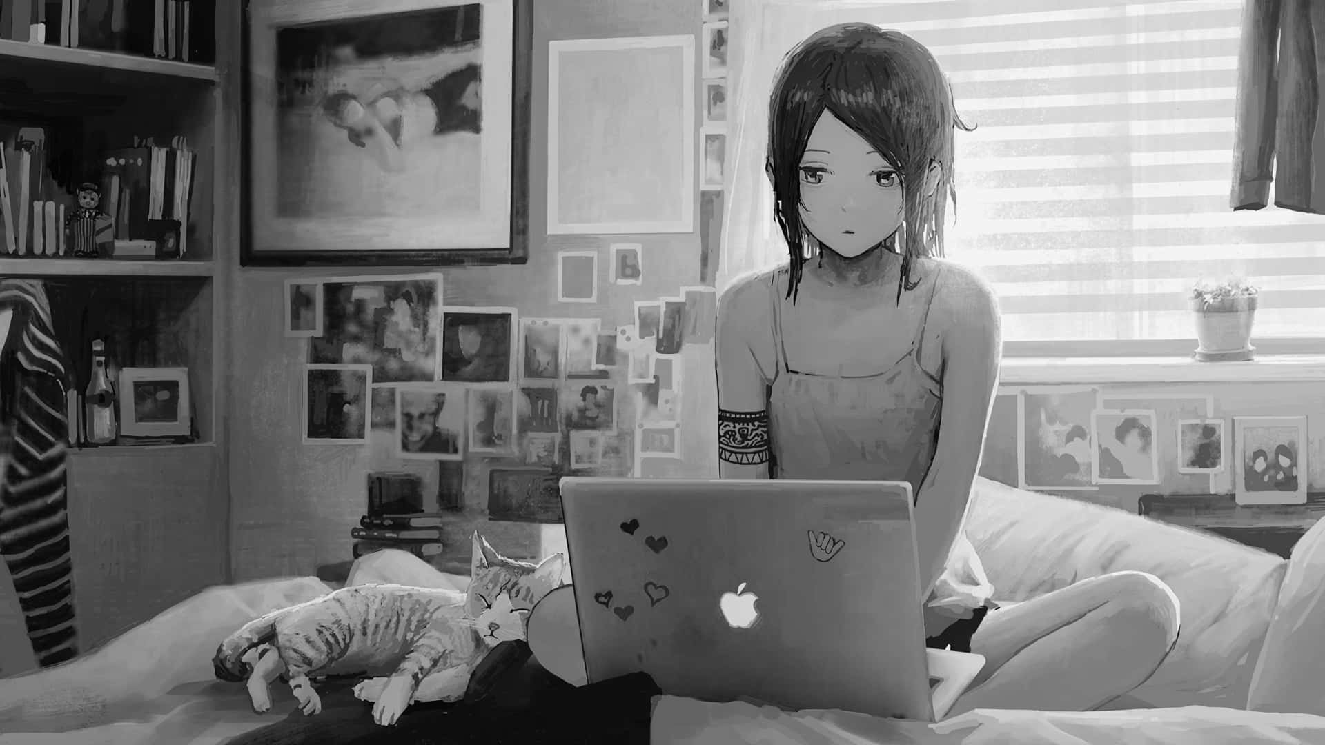 grey anime girl, laptop, cat, Full HD Desktop Wallpaper