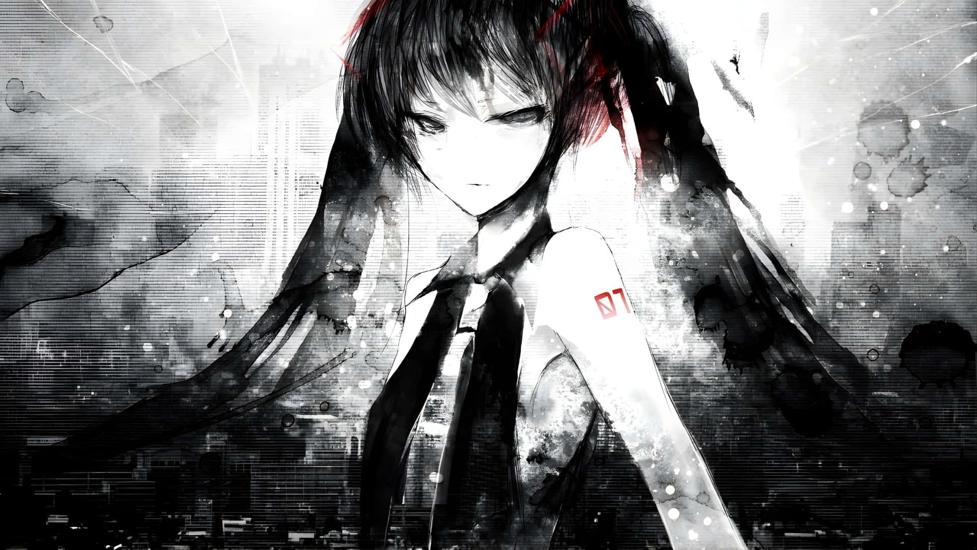 grey anime girl, red streaks in her hair, red tattoo on her arm, Full HD Desktop Wallpaper
