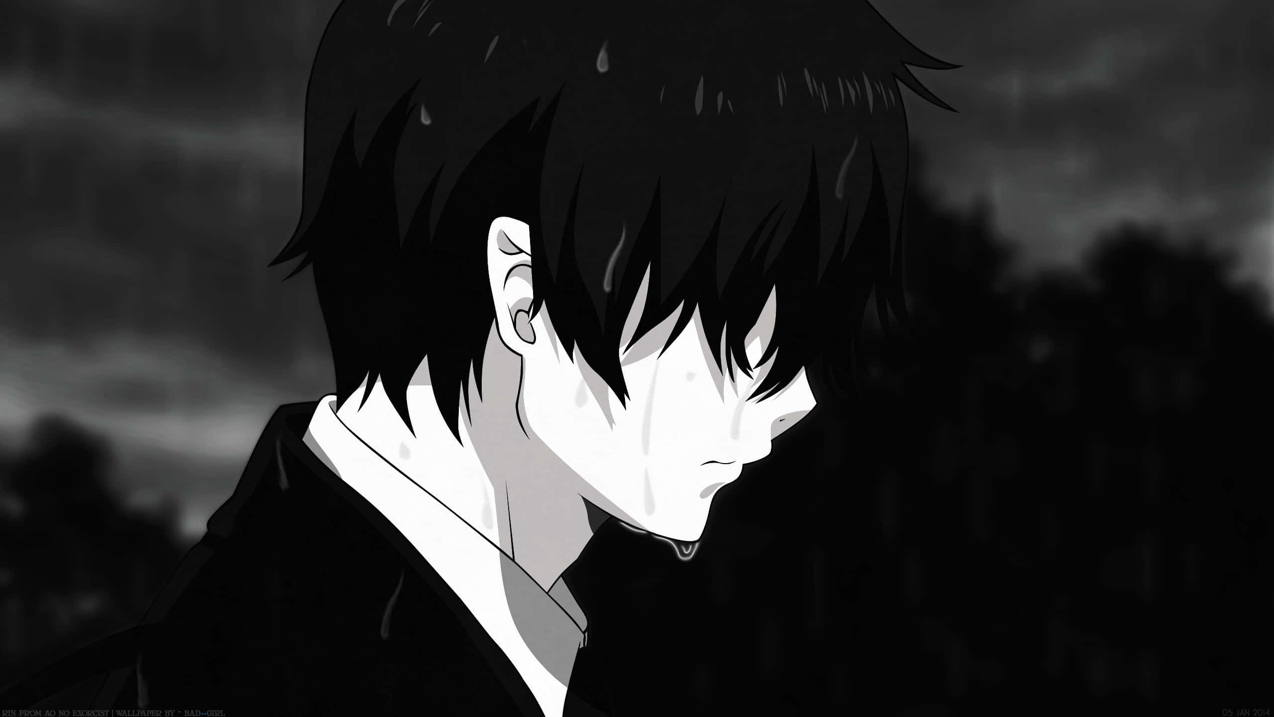 anime character, spiky hair, rain, 2K Desktop Wallpaper