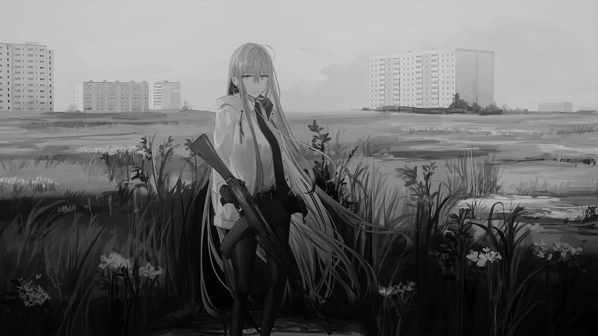 Grey Anime Girl Landscape, anime girl, long hair, Full HD Desktop Wallpaper