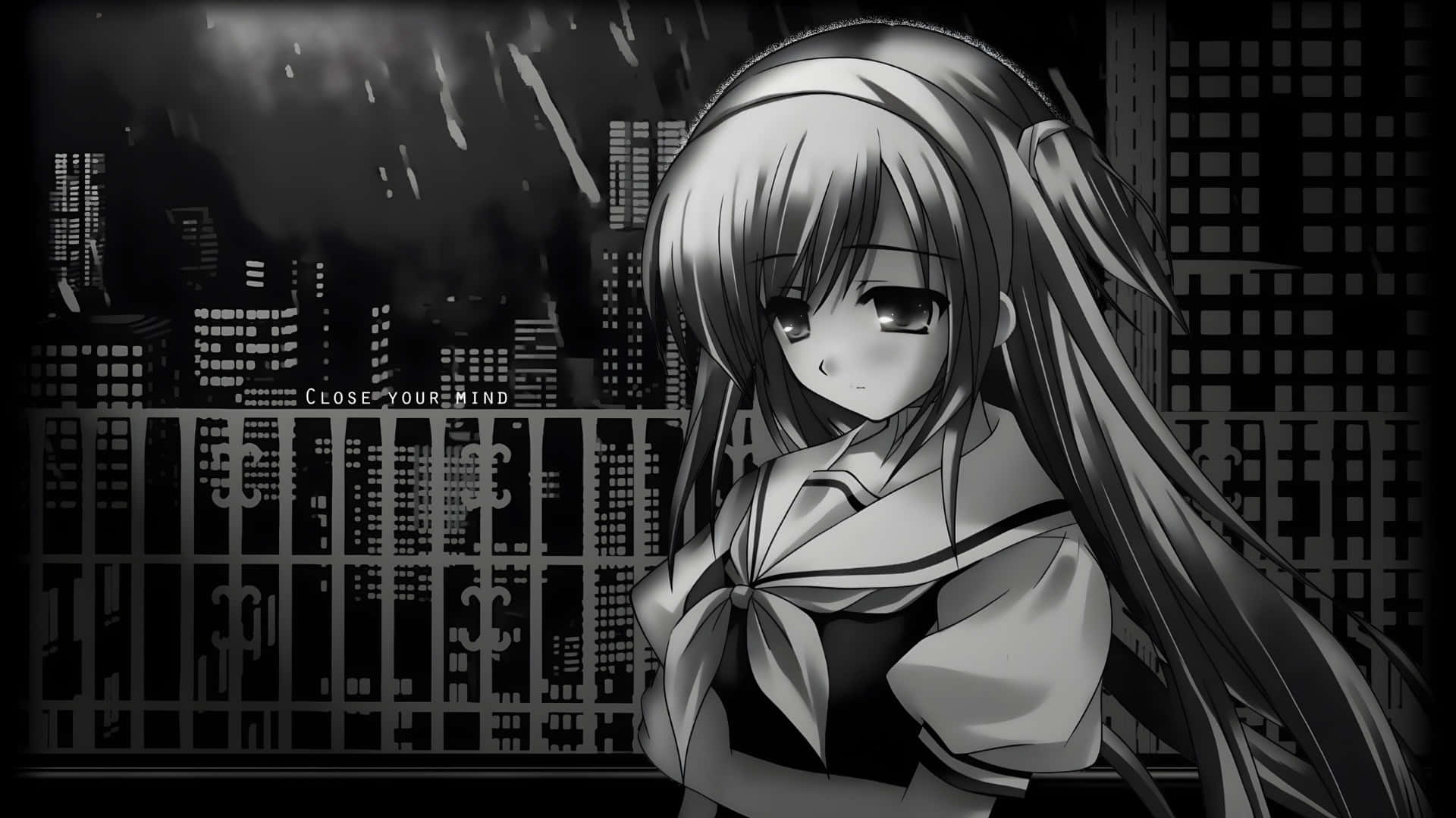 Grey Anime Girl Night, monochrome anime girl, long hair, Full HD Desktop Wallpaper