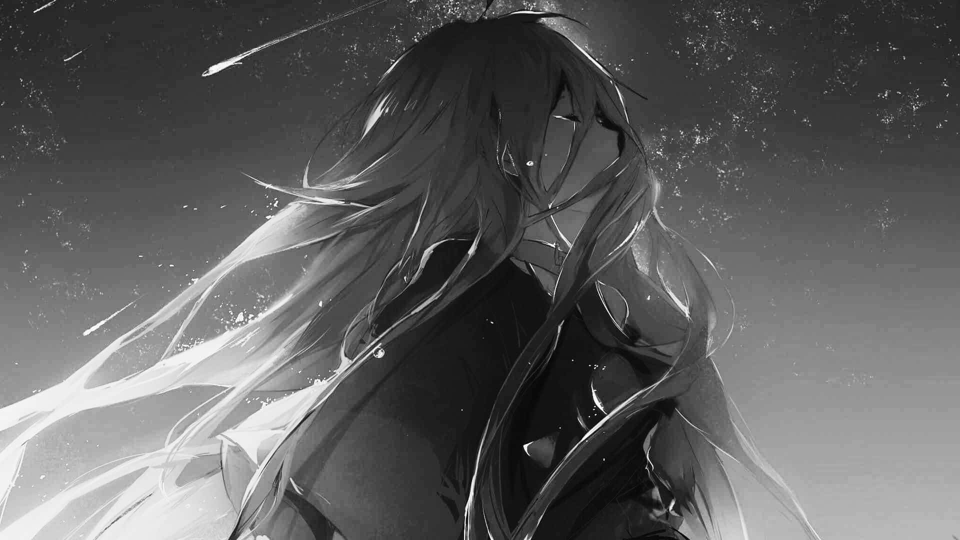 Grey Anime Girl, monochrome anime girl, long flowing hair, Full HD Desktop Wallpaper