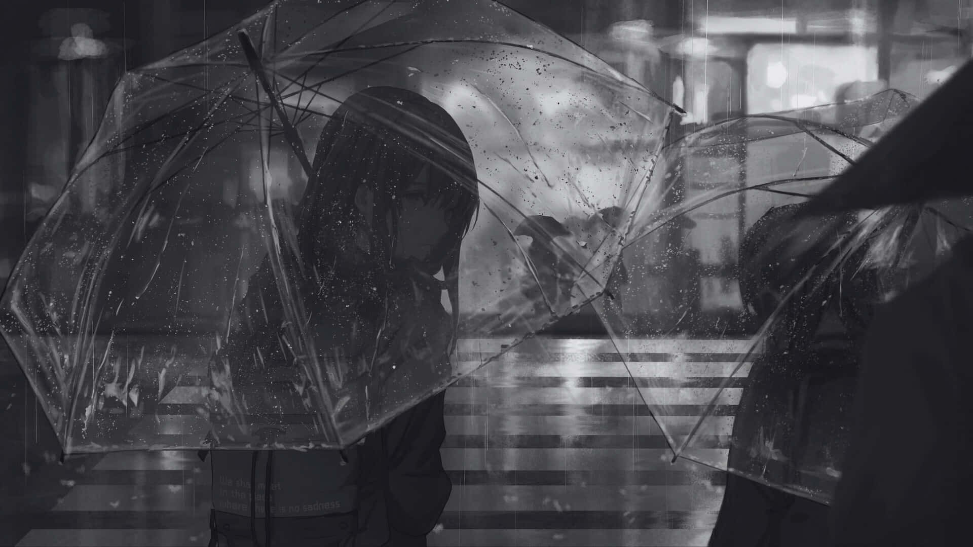 Grey Anime, rain scene, transparent umbrella, Full HD Desktop Wallpaper