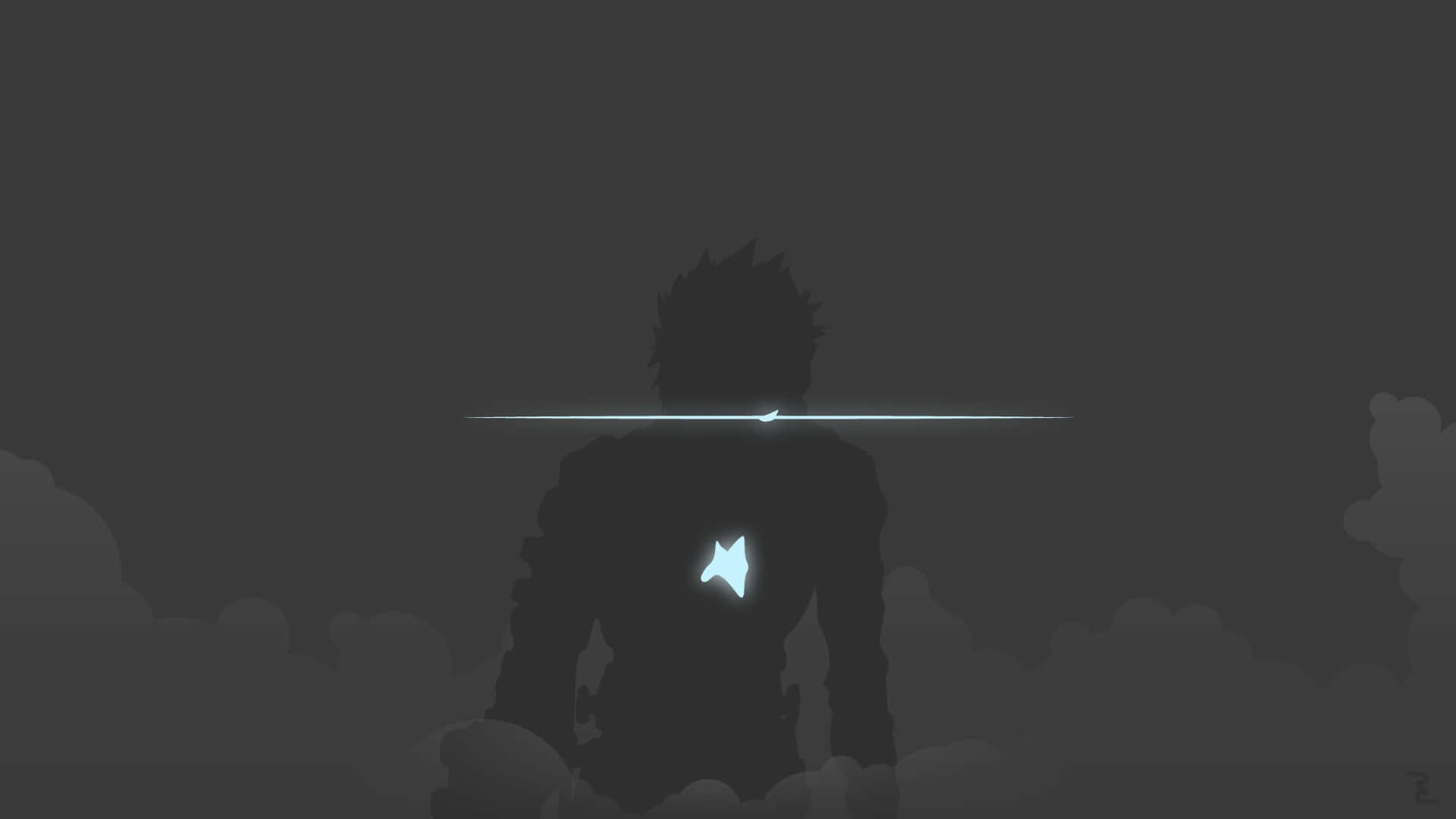 spiky-haired figure, gray sky, glowing horizontal blade, Full HD Desktop Wallpaper