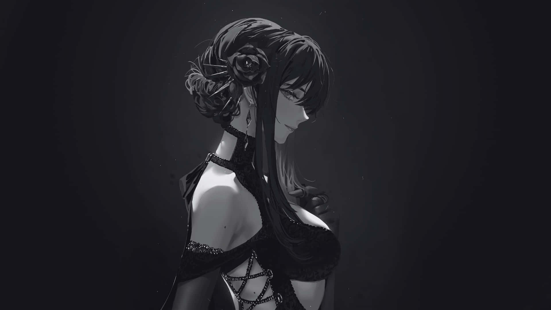 monochrome anime girl, long dark hair, rose, Full HD Desktop Wallpaper