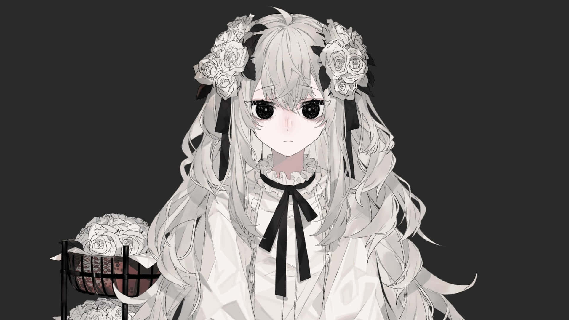 grey anime girl, long silver hair, rose bouquets, Full HD Desktop Wallpaper