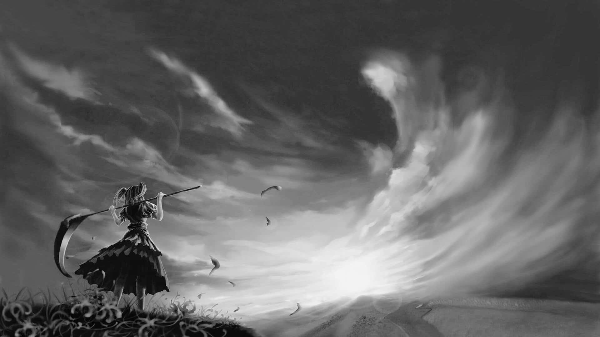 Grey Anime, cliff edge, flowing dress, Full HD Desktop Wallpaper
