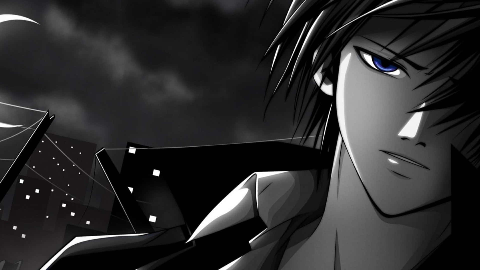 Grey Anime, piercing blue eyes, dark hair, Full HD Desktop Wallpaper