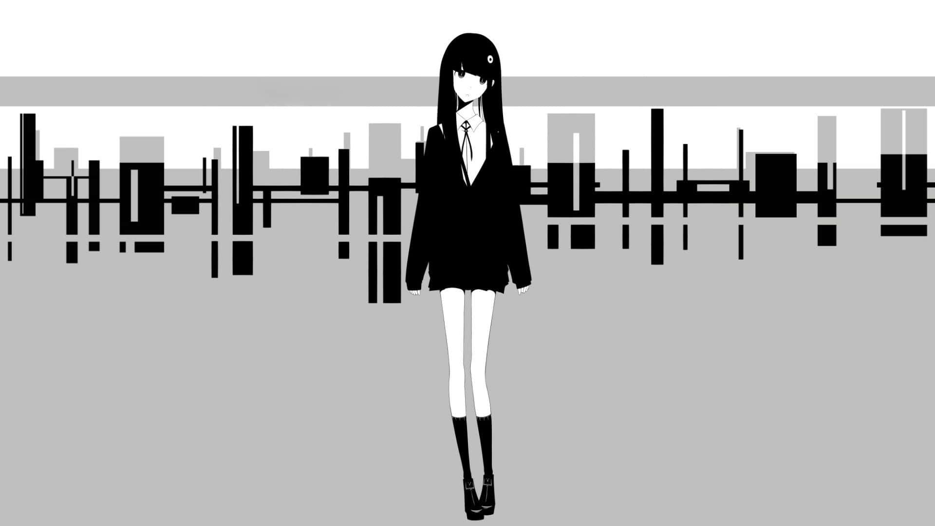 anime girl, black school uniform, fragmented monochrome cityscape, Full HD Desktop Wallpaper