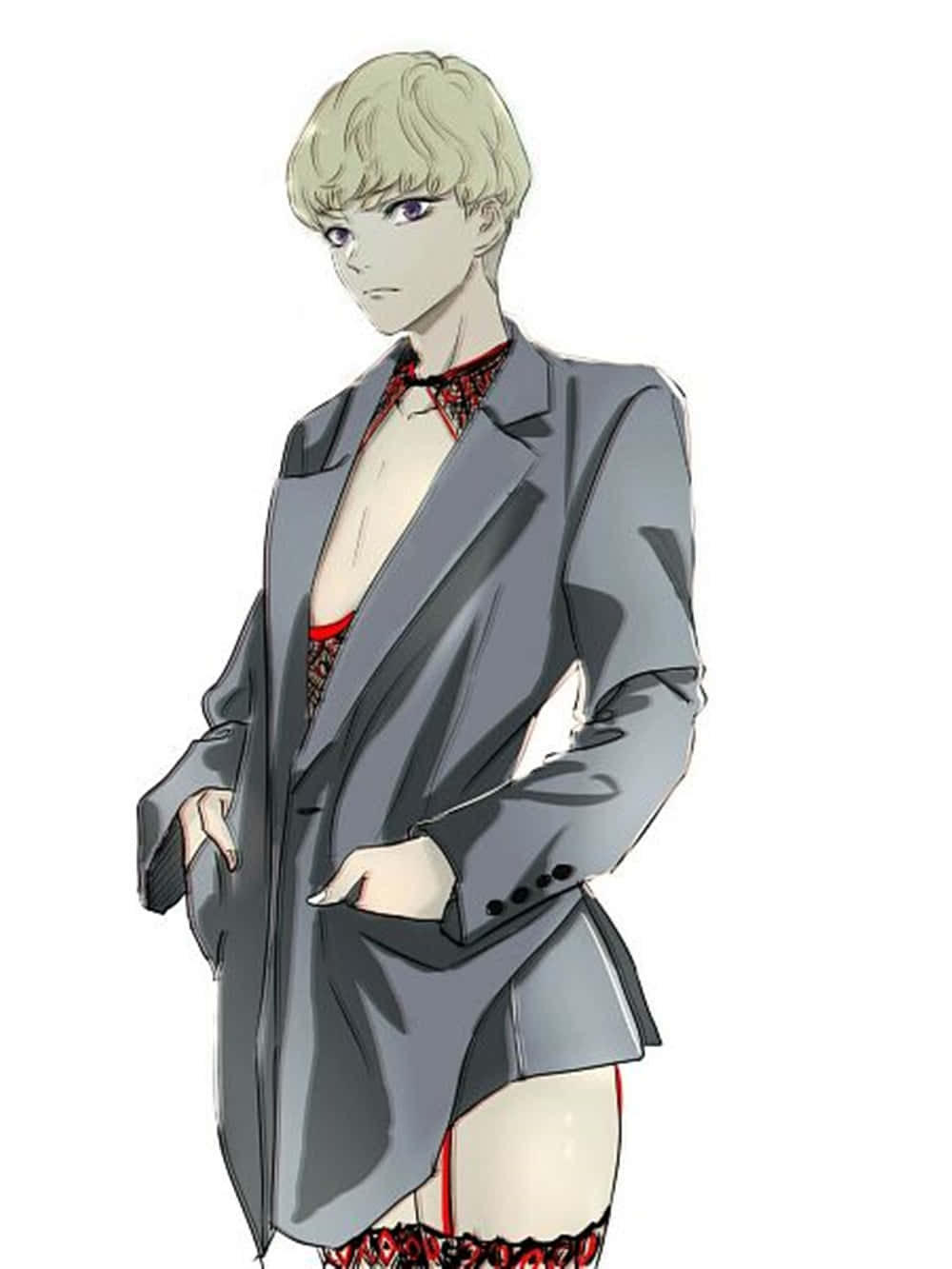 blonde anime character, purple eyes, gray blazer, HD Phone Wallpaper