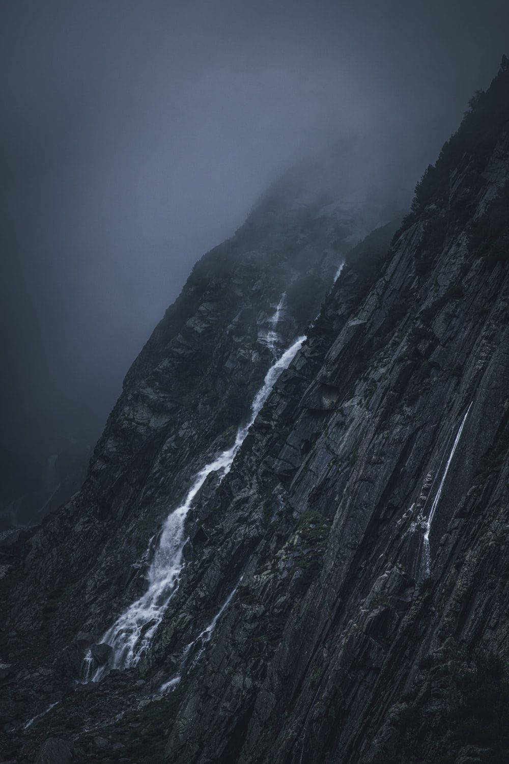 Grey iPhone, foggy mountain, waterfall, HD Phone Wallpaper