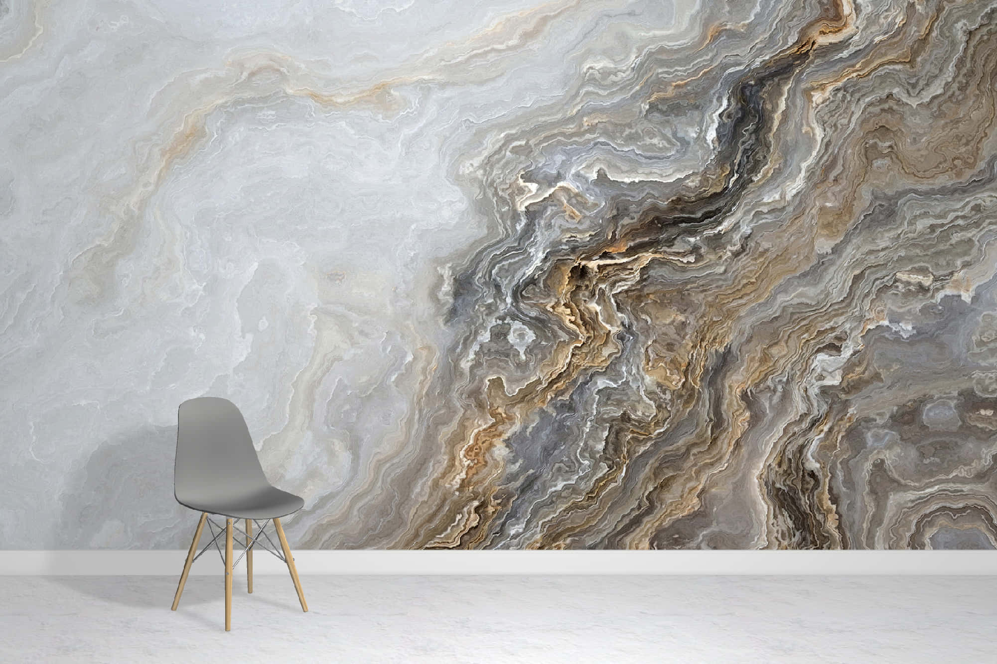marble-patterned wall, swirling gray beige and gold veins, modern gray chair, Full HD Desktop Wallpaper