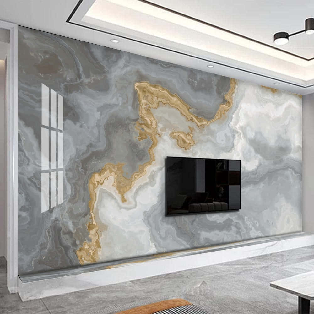 Grey Marble, gray and gold marble-patterned accent wall, mounted TV, SD Desktop Wallpaper