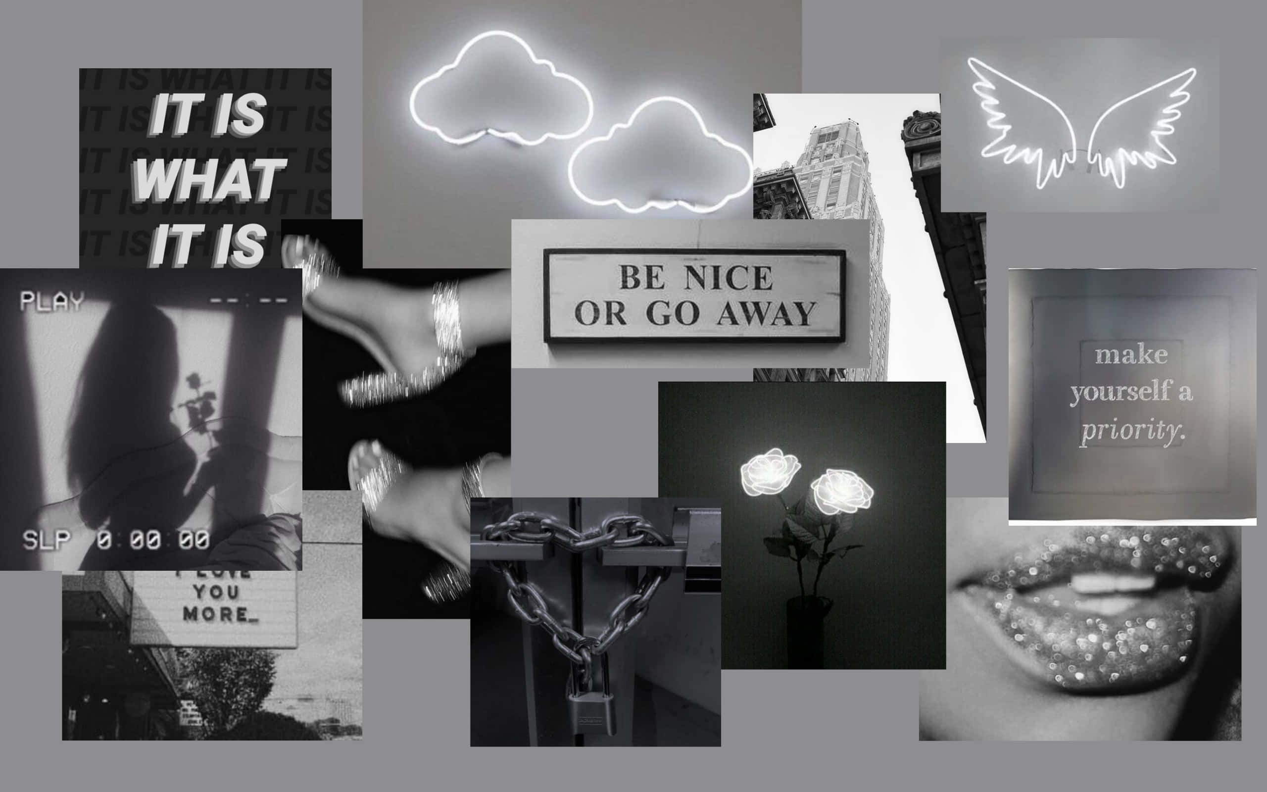 Dark Grey, neon signs, wings text, 2K Desktop Wallpaper
