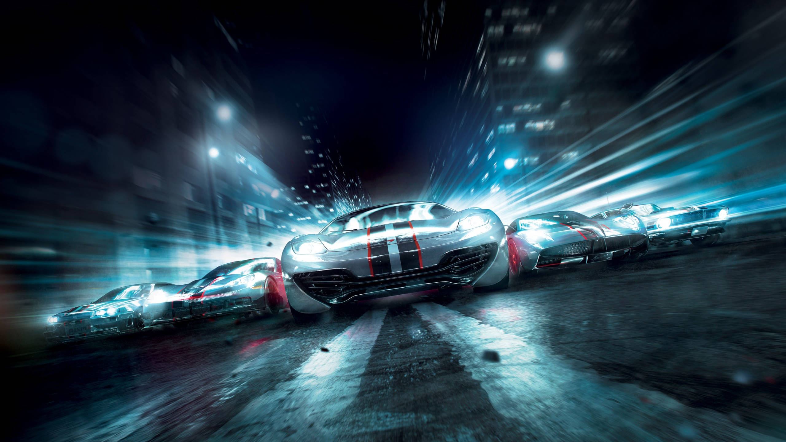 Grid 2, sleek silver sports car, nighttime street race, 2K Desktop Wallpaper