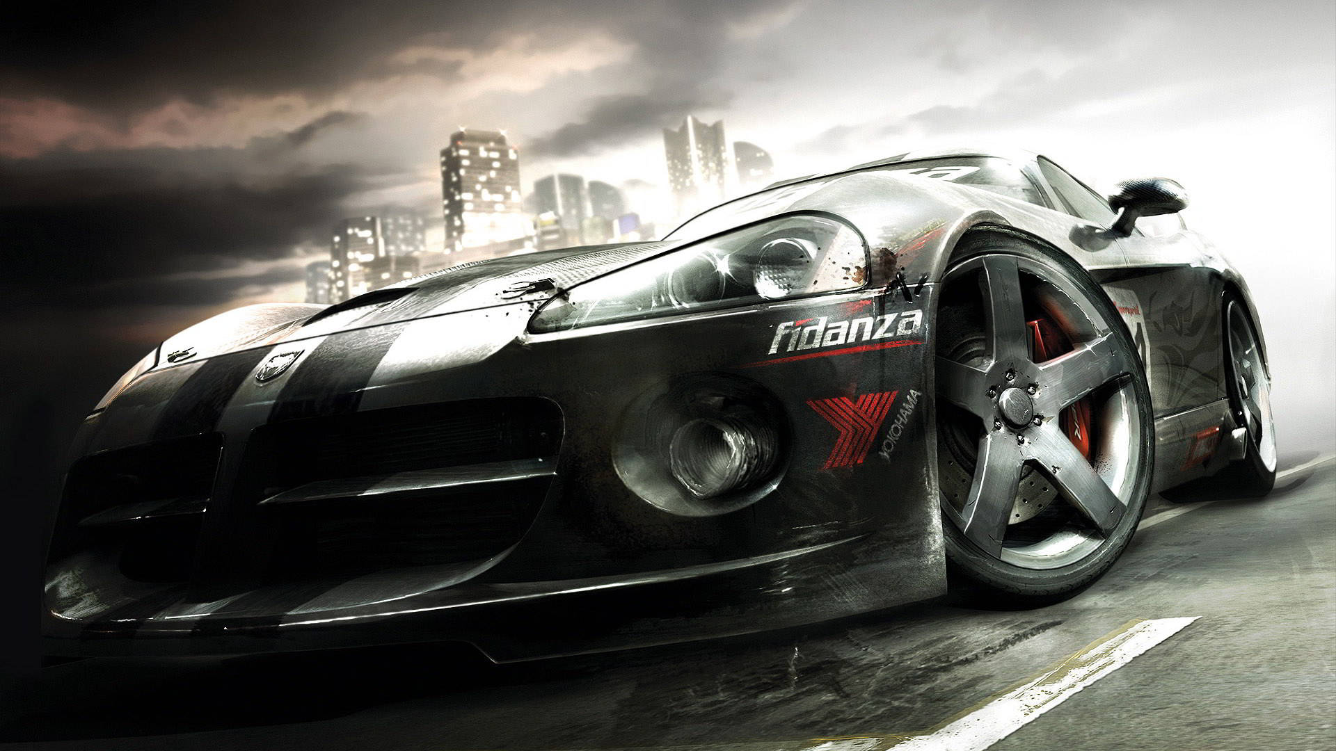 Grid 2, black car, rainy urban street, Full HD Desktop Wallpaper