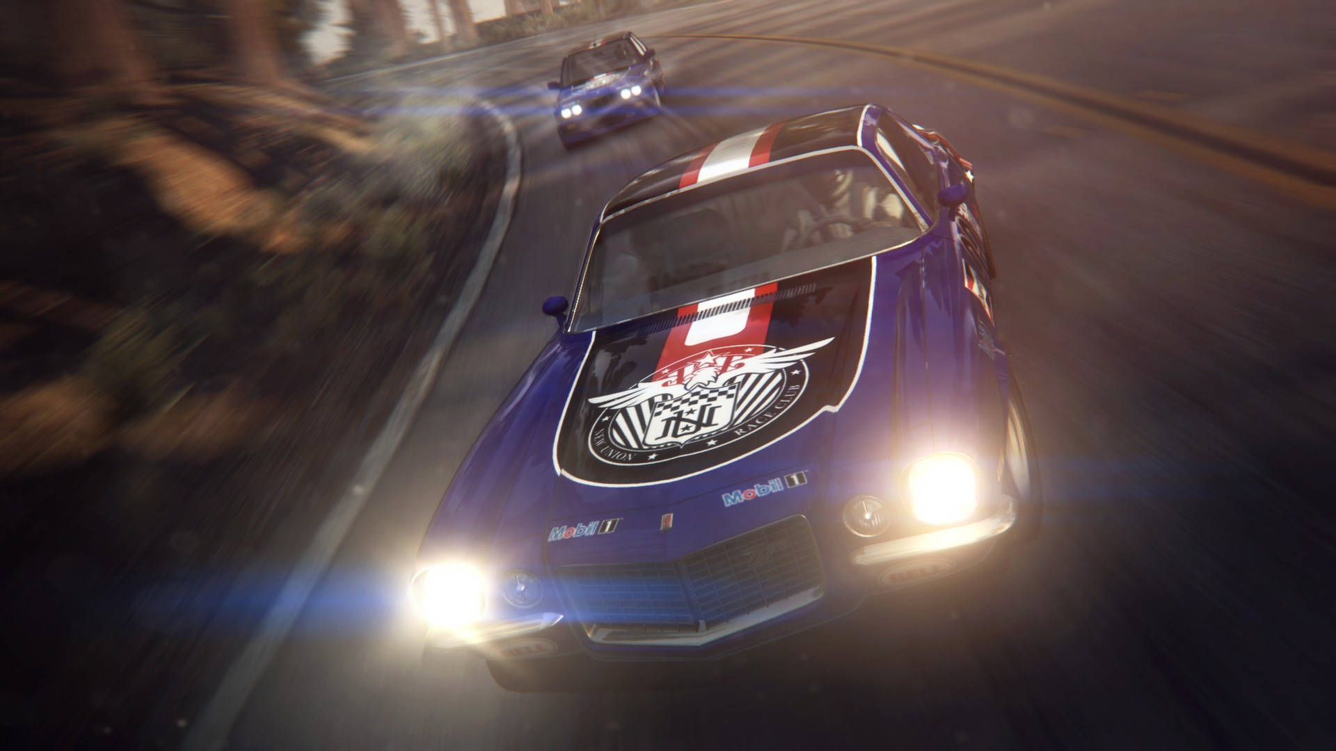 Grid 2, blue car, red white stripes, Full HD Desktop Wallpaper