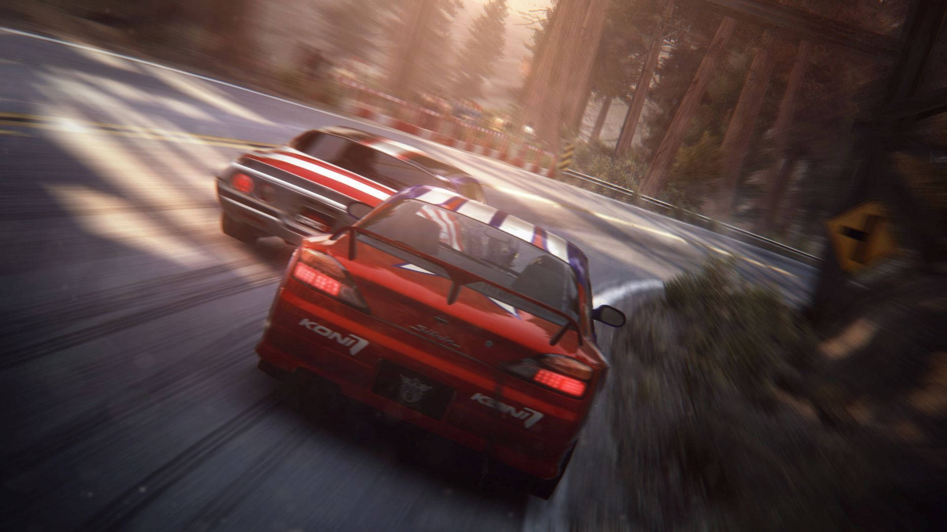 Grid 2, red car, forest-lined track, Full HD Desktop Wallpaper