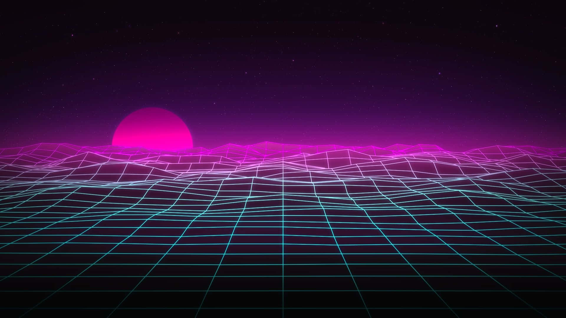 neon grid landscape, glowing pink sun, starry purple night sky, Full HD Desktop Wallpaper