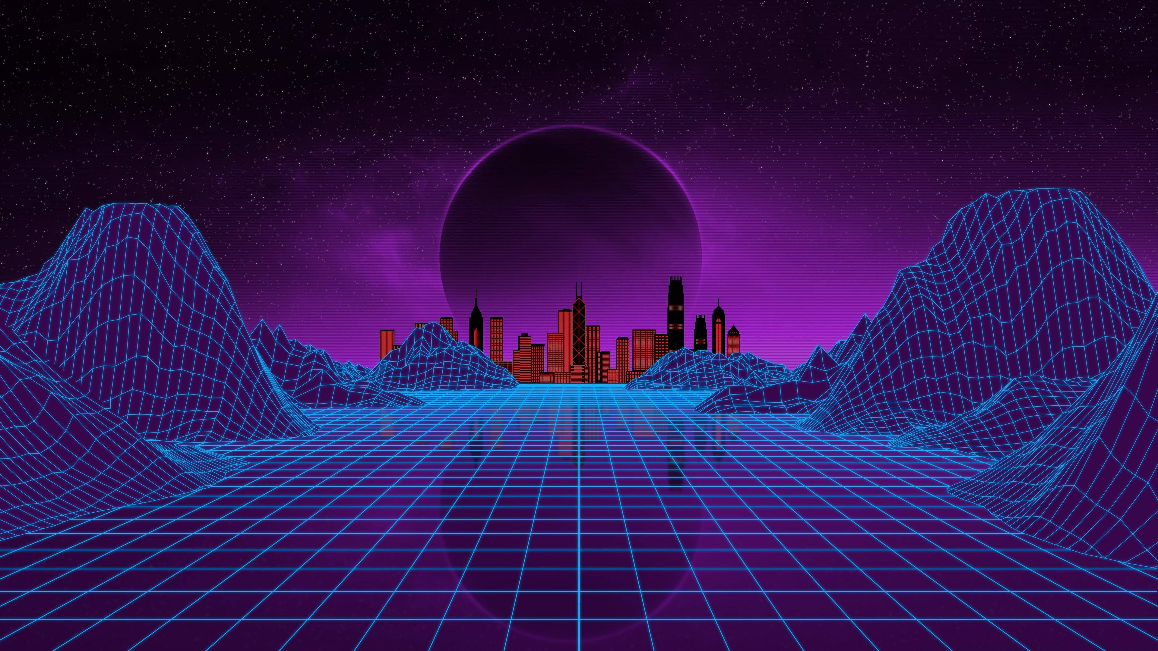 Moon Purple Aesthetic, Tumblr Laptop, glowing blue wireframe mountains, 4K Desktop Wallpaper