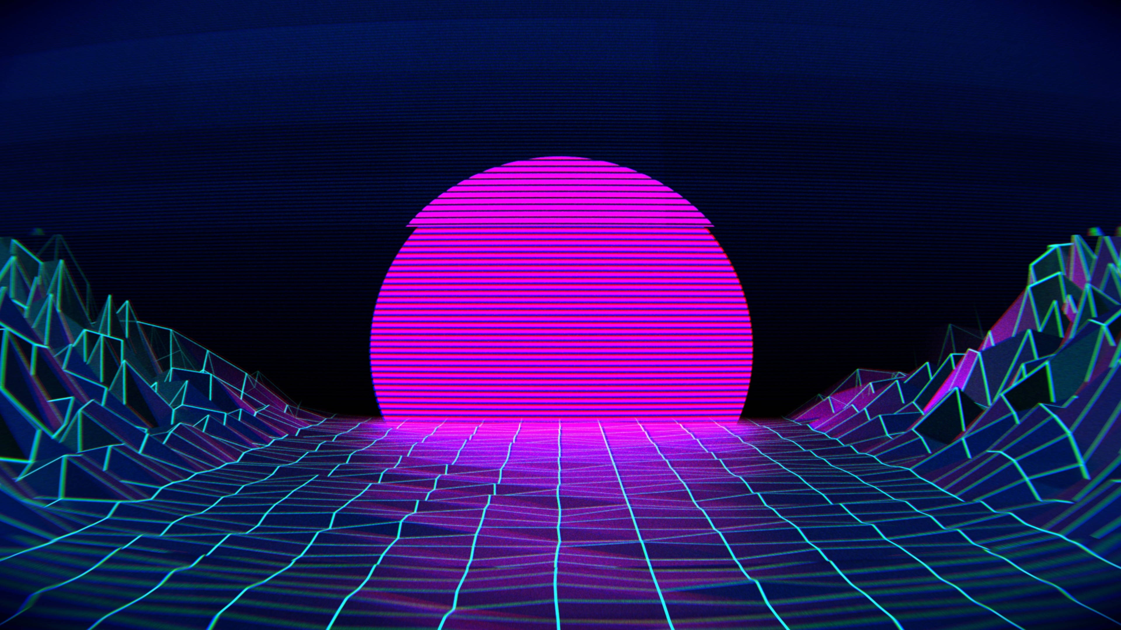 vaporwave, neon pink sun, glowing geometric mountains, 4K Desktop Wallpaper