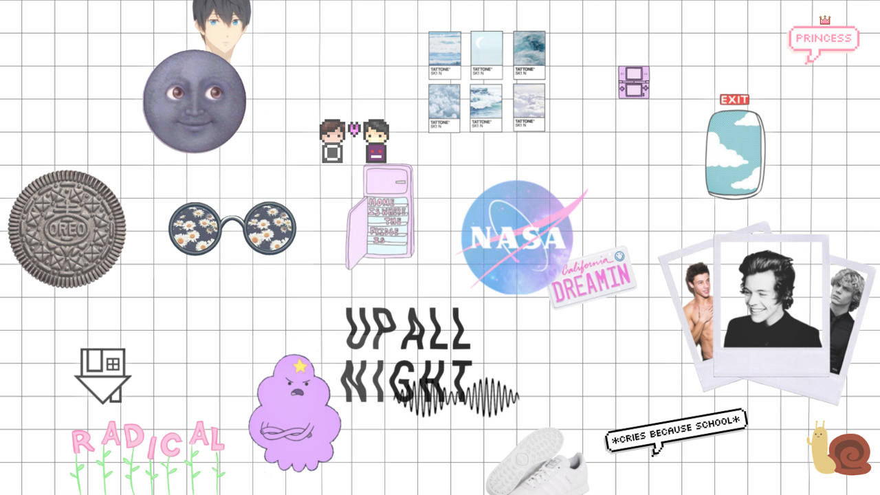 white grid aesthetic, pop culture icons, doodles, HD Desktop Wallpaper