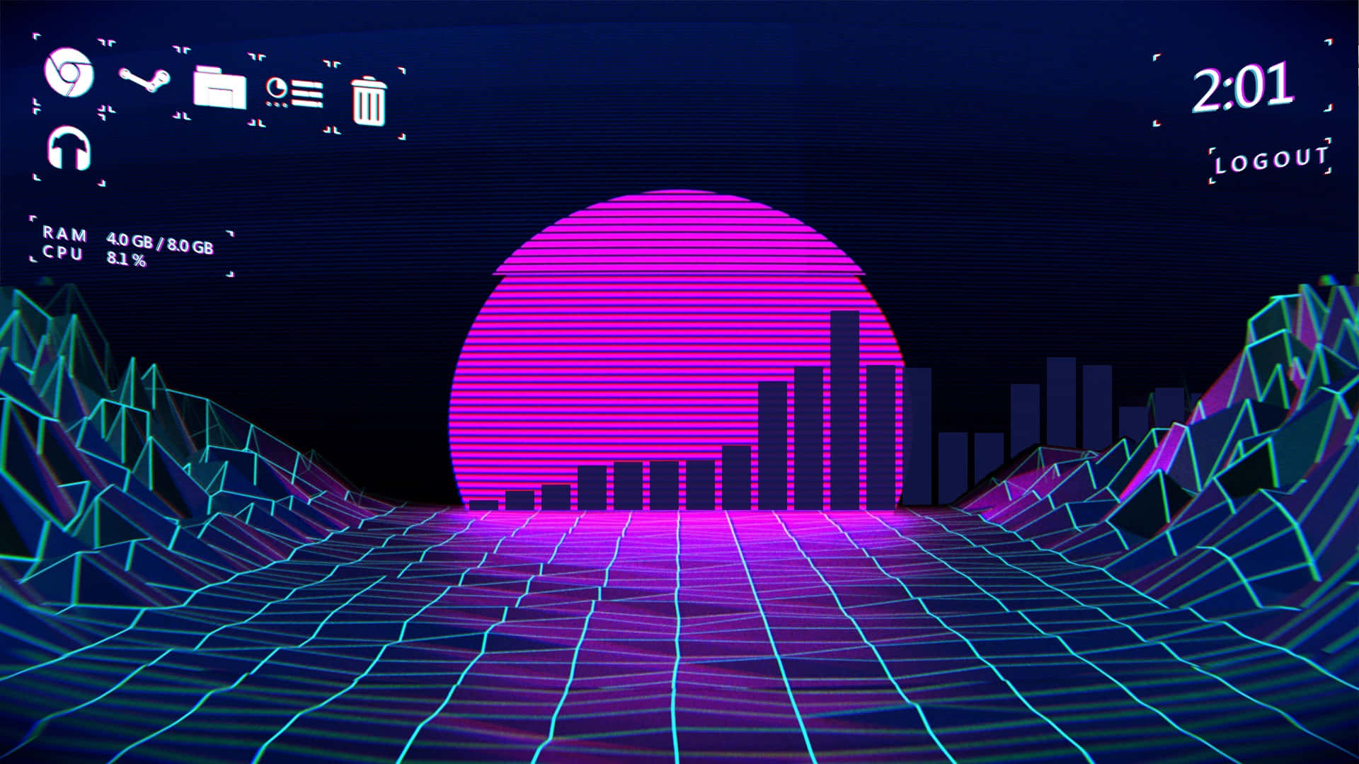 Vibrant neon pink sun, pixelated digital mountains, grid roads, Full HD Desktop Wallpaper