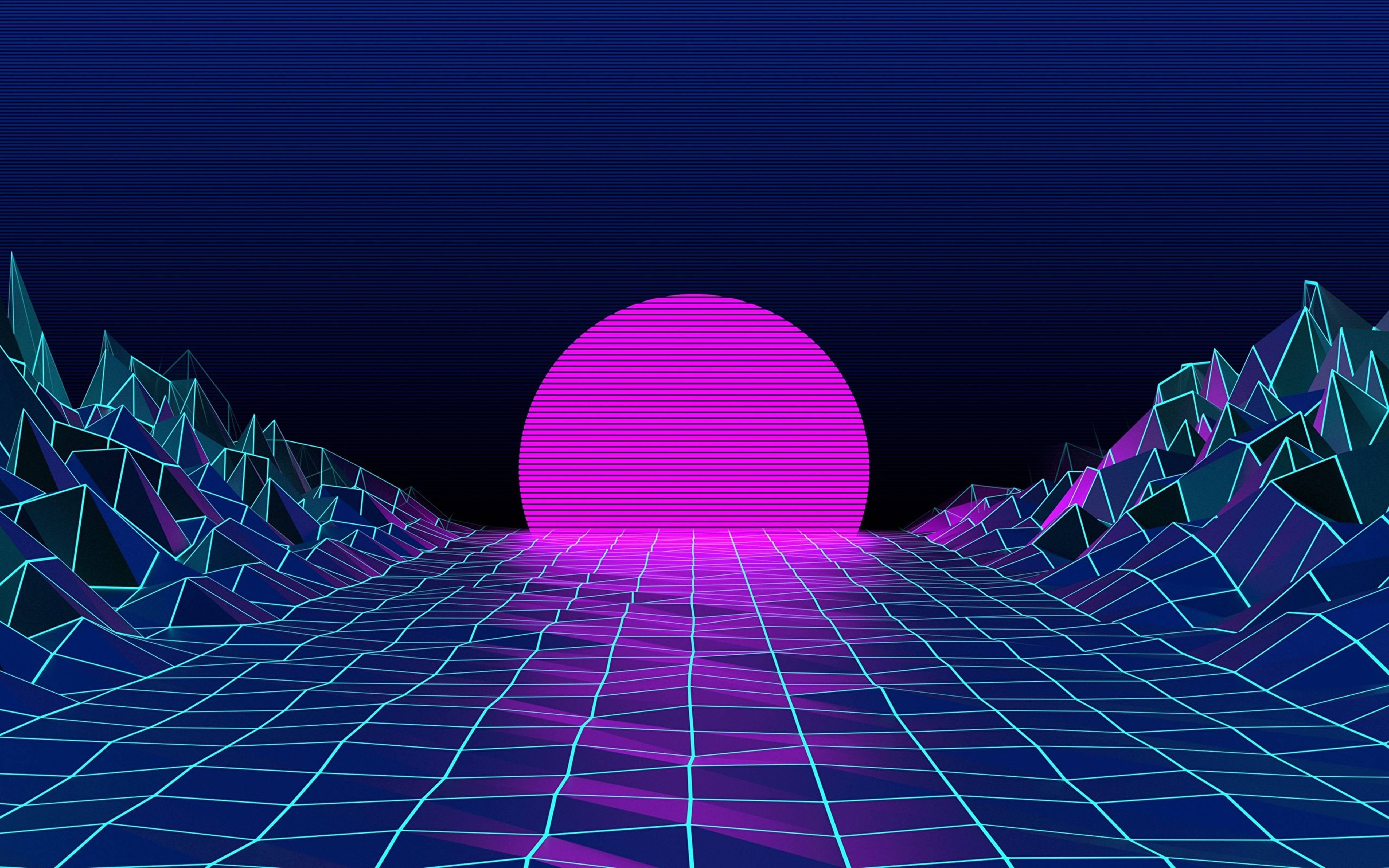 retrowave, neon pink sun, geometric mountains, 5K Desktop Wallpaper