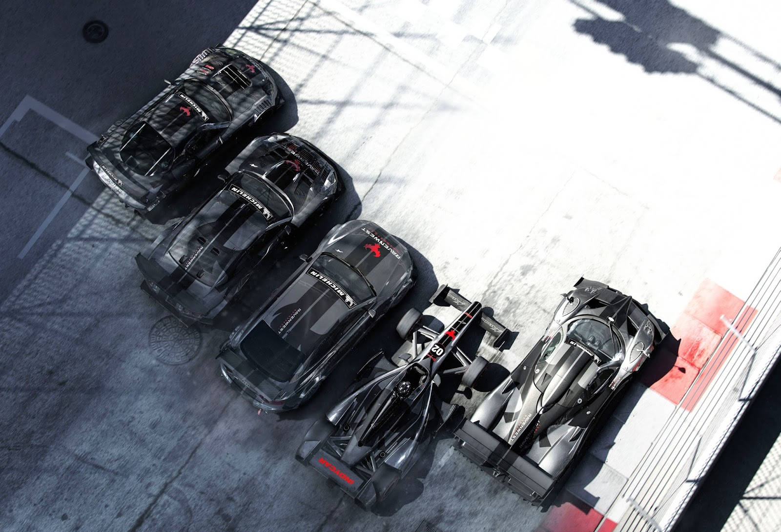 Grid Autosport, black race cars, sunlit concrete track, HD Desktop Wallpaper