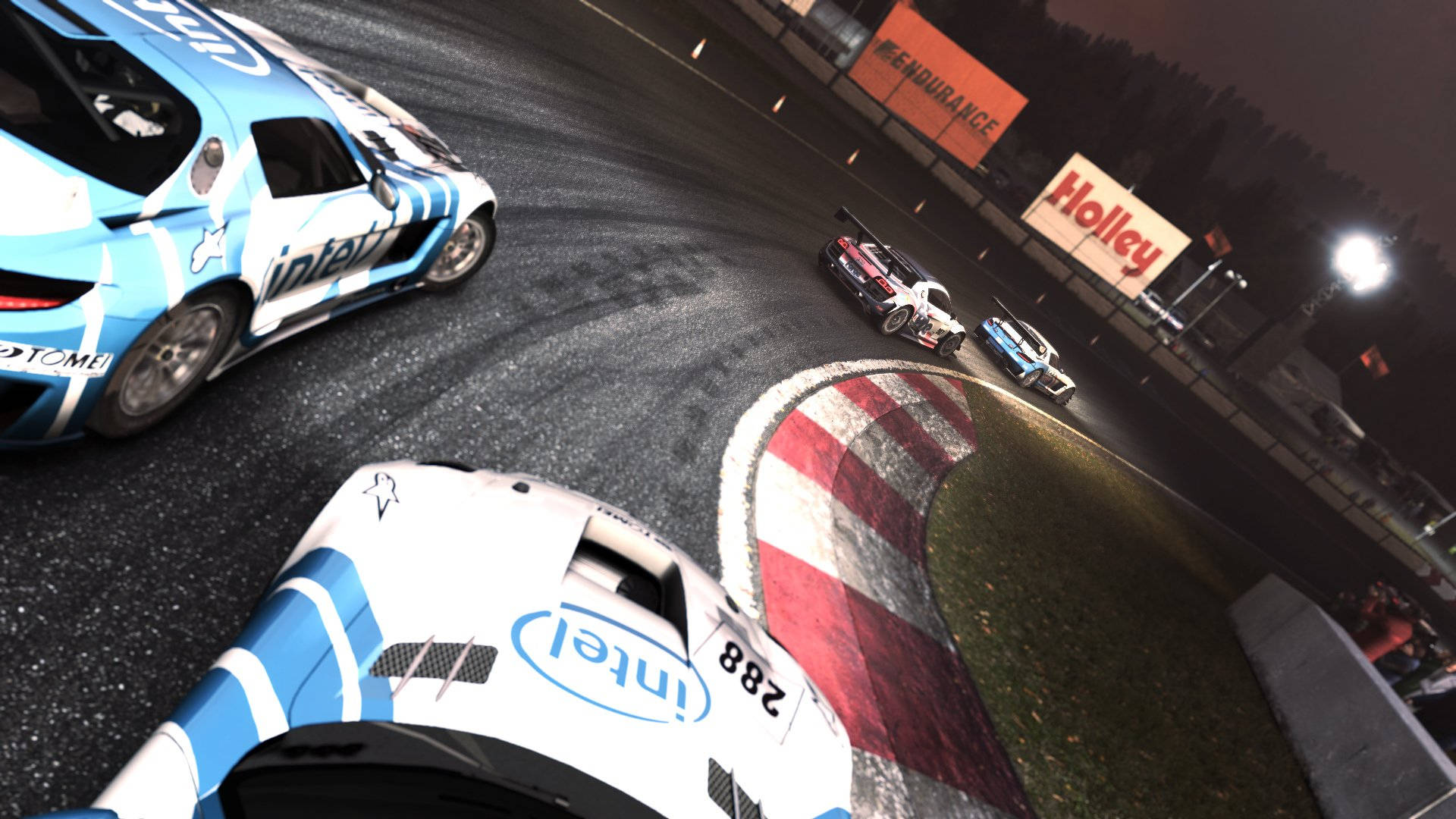 Grid Autosport, blue and white race car, nighttime turn, Full HD Desktop Wallpaper