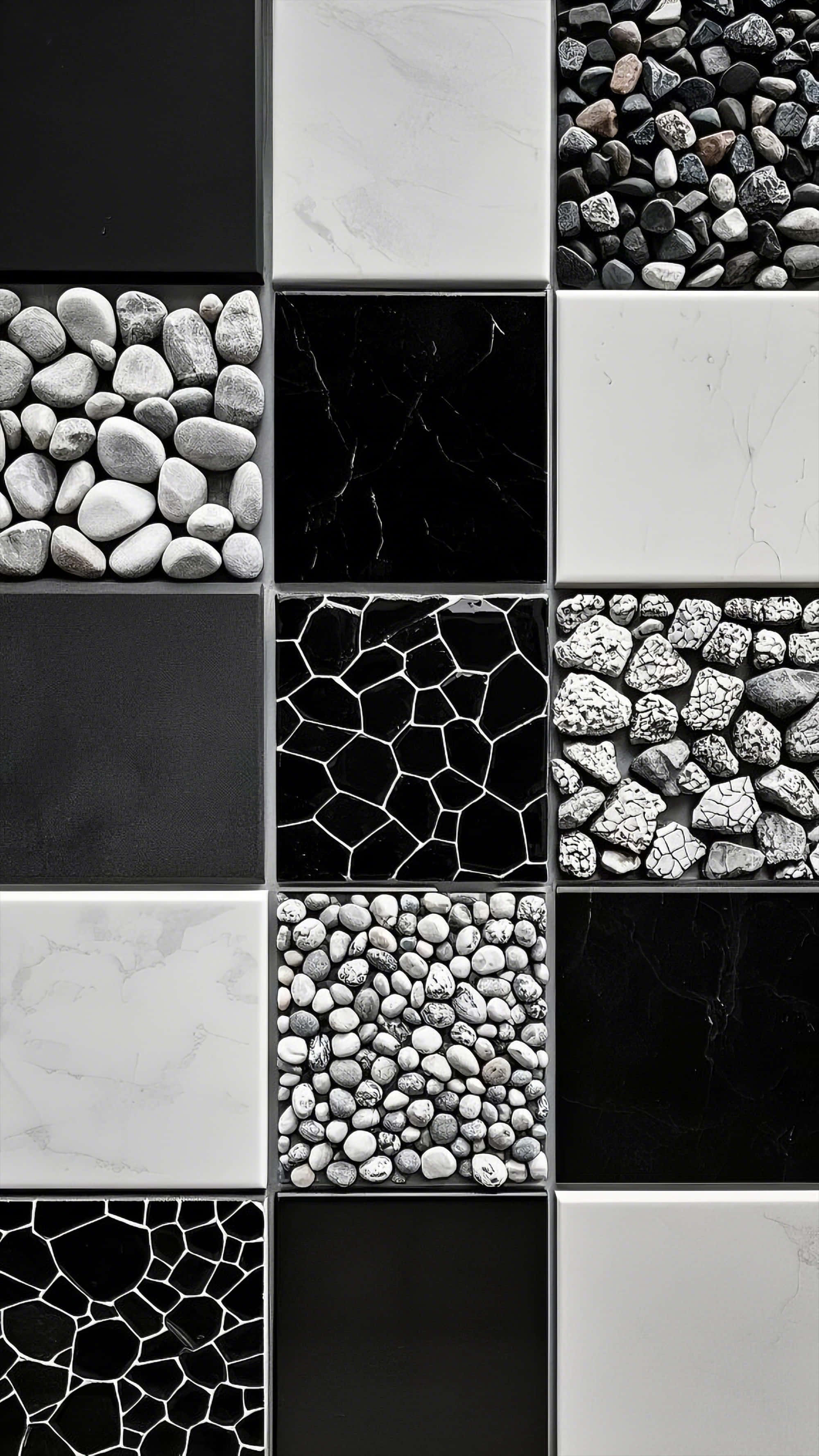 monochrome tiles, stone textures, pebbles, 2K Phone Wallpaper