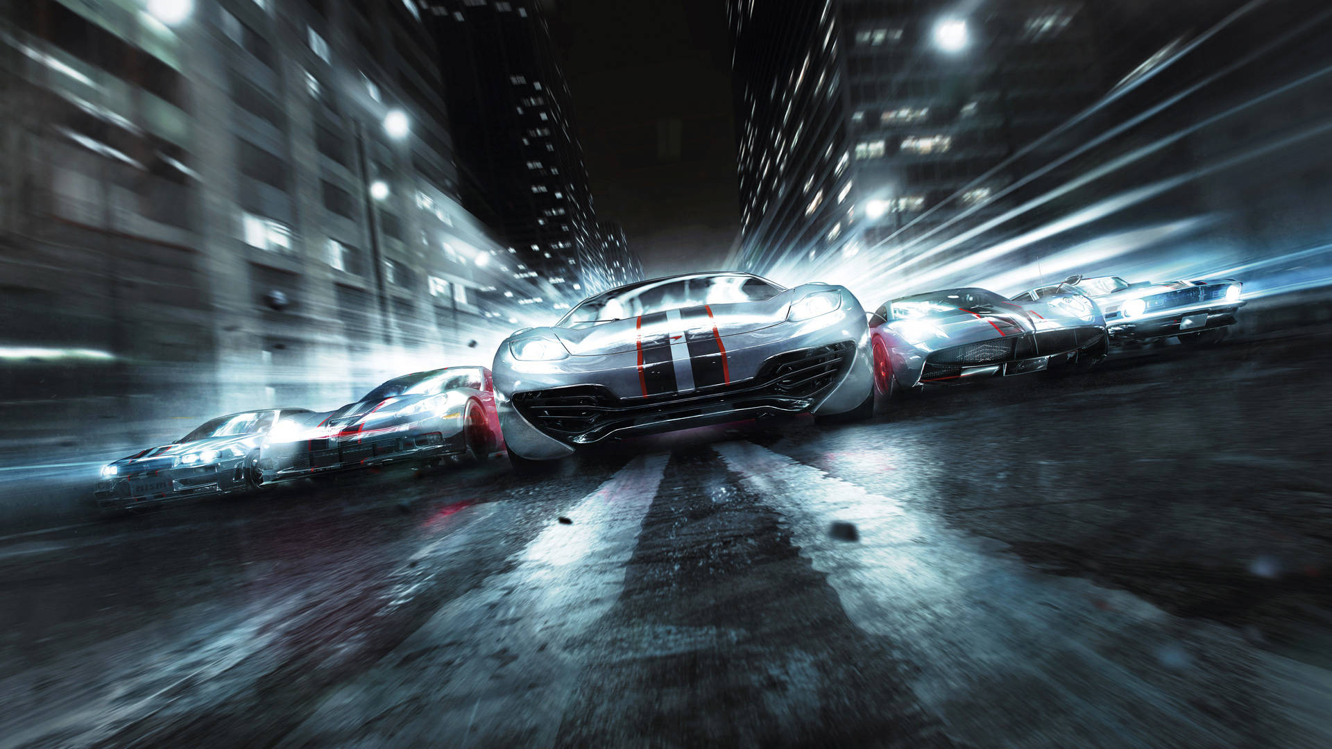 Grid 2, neon-lit, rain-slicked urban canyon, Full HD Desktop Wallpaper