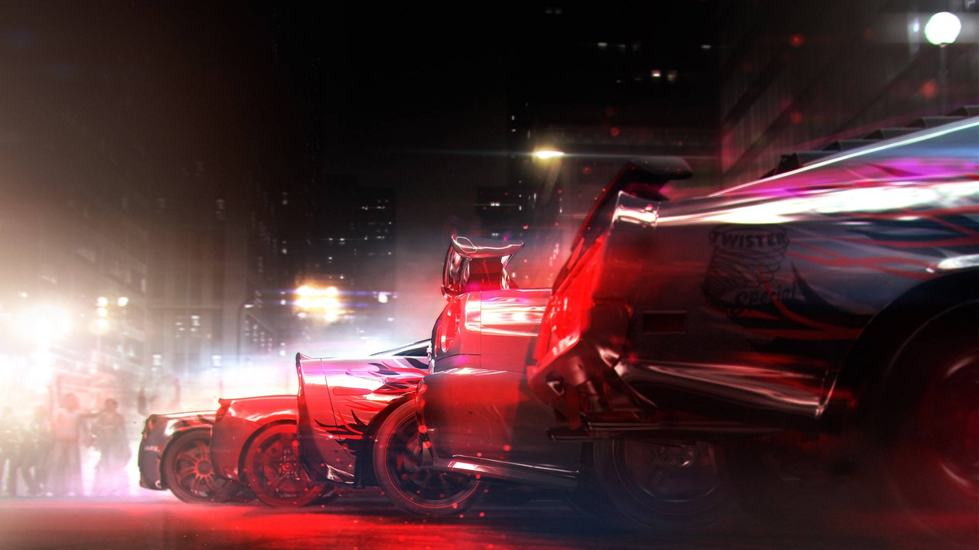 Grid 2, red cars, neon-lit urban street, Full HD Desktop Wallpaper
