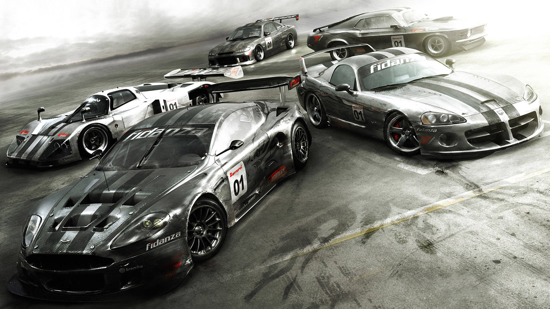 Grid 2, black and silver stripes, wet asphalt track, Full HD Desktop Wallpaper