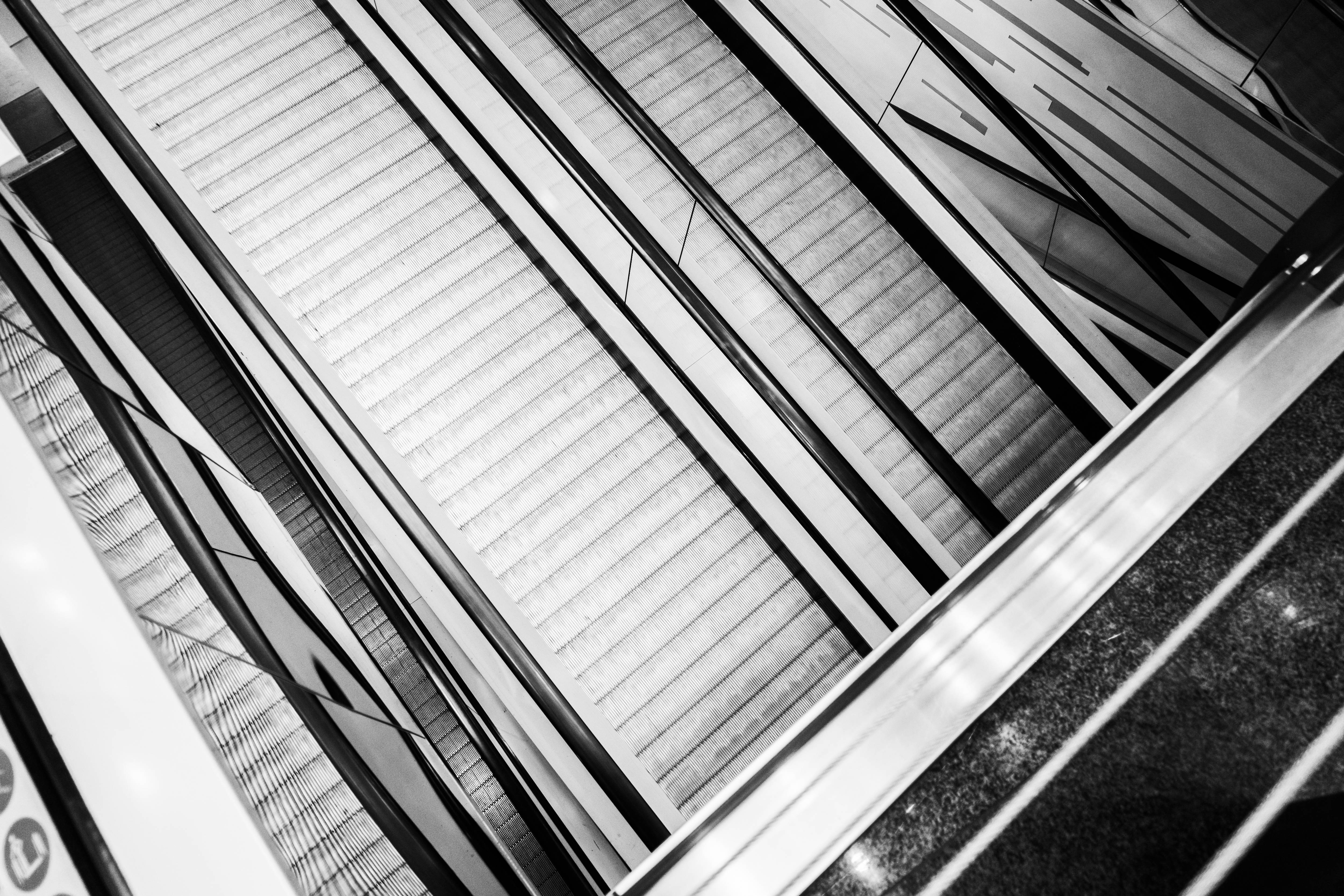 black and white aesthetic, grid, escalators, 4K Desktop Wallpaper