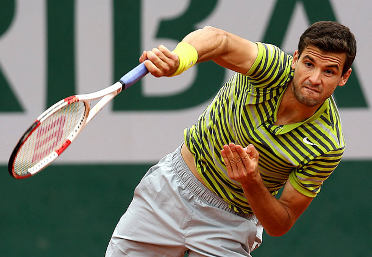 Grigor Dimitrov, striped neon shirt, clay court, SD Desktop Wallpaper