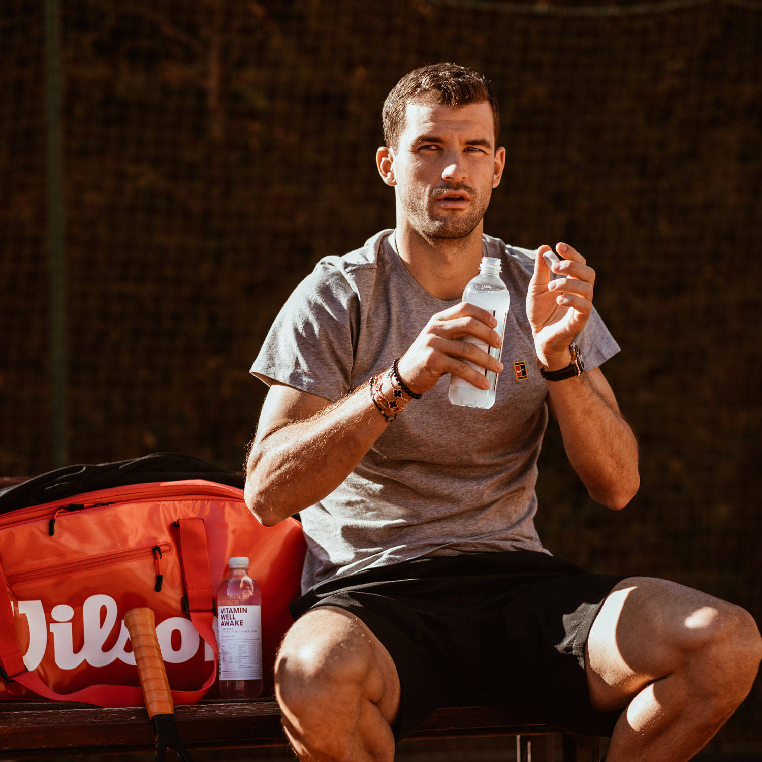 Grigor Dimitrov, water bottle, bench, HD Desktop Wallpaper