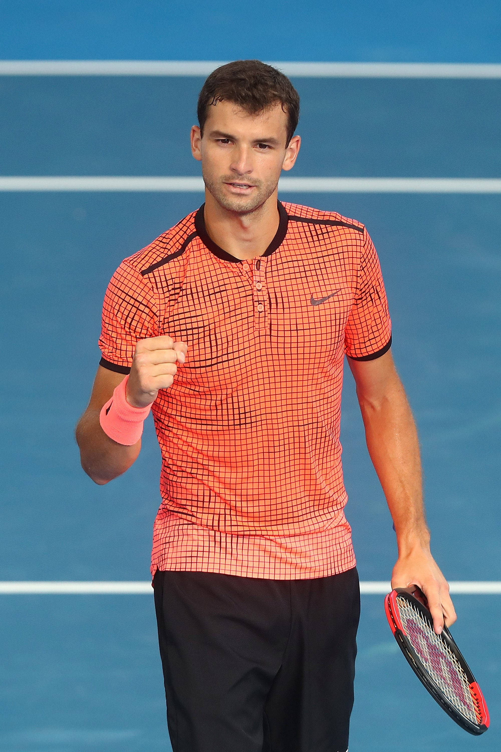 Grigor Dimitrov, orange grid shirt, blue hard court, 2K Phone Wallpaper