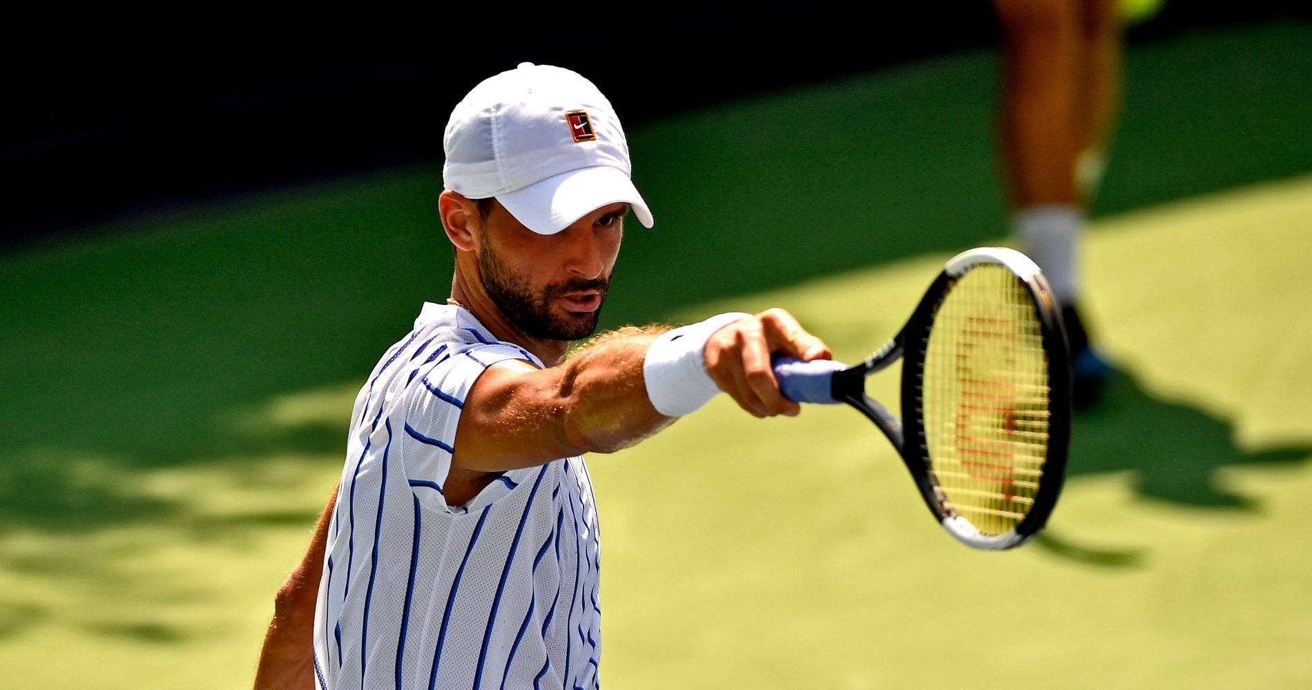 Grigor Dimitrov, white cap, striped shirt, HD Desktop Wallpaper