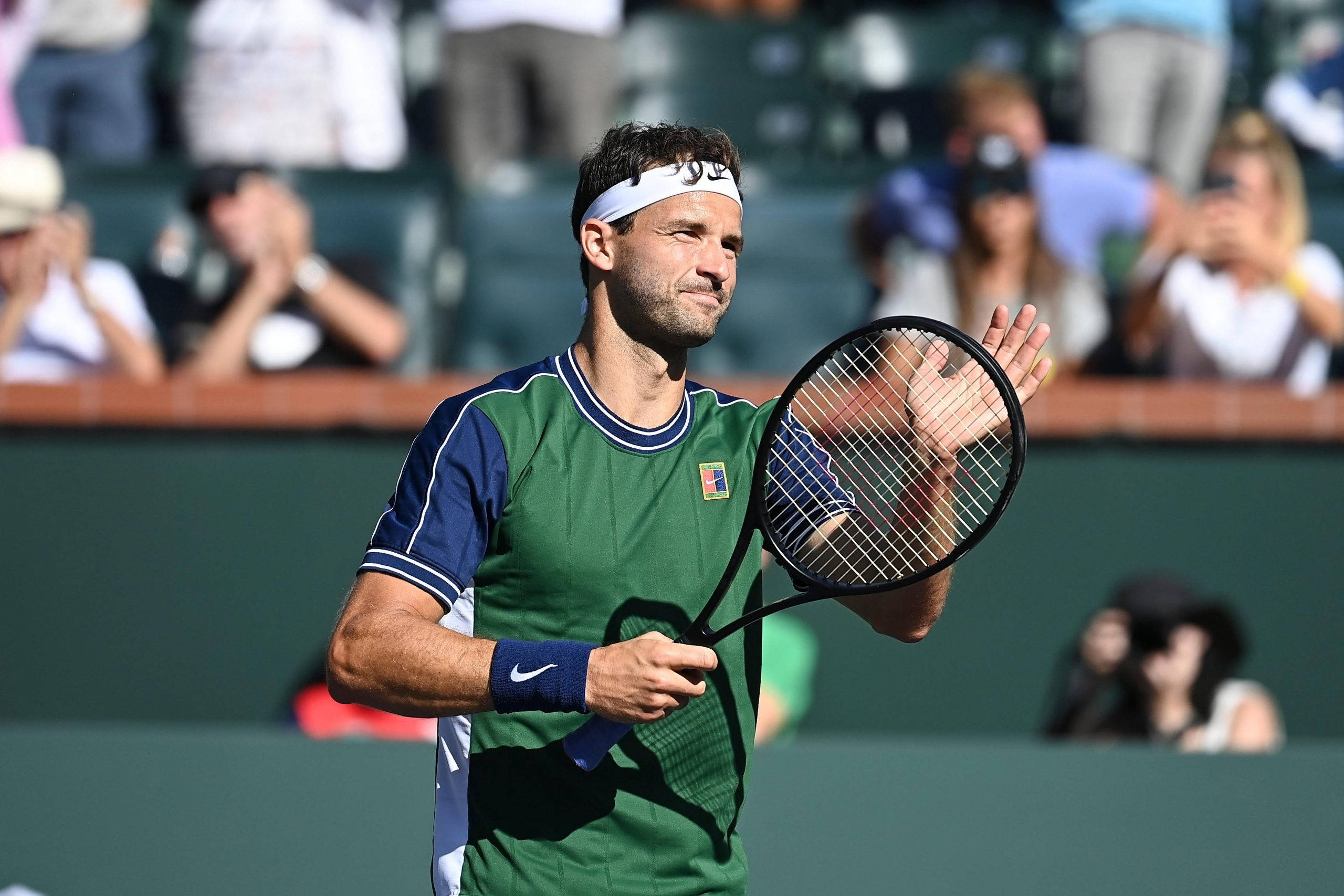 Grigor Dimitrov, tennis court, green and blue attire, 2K Desktop Wallpaper