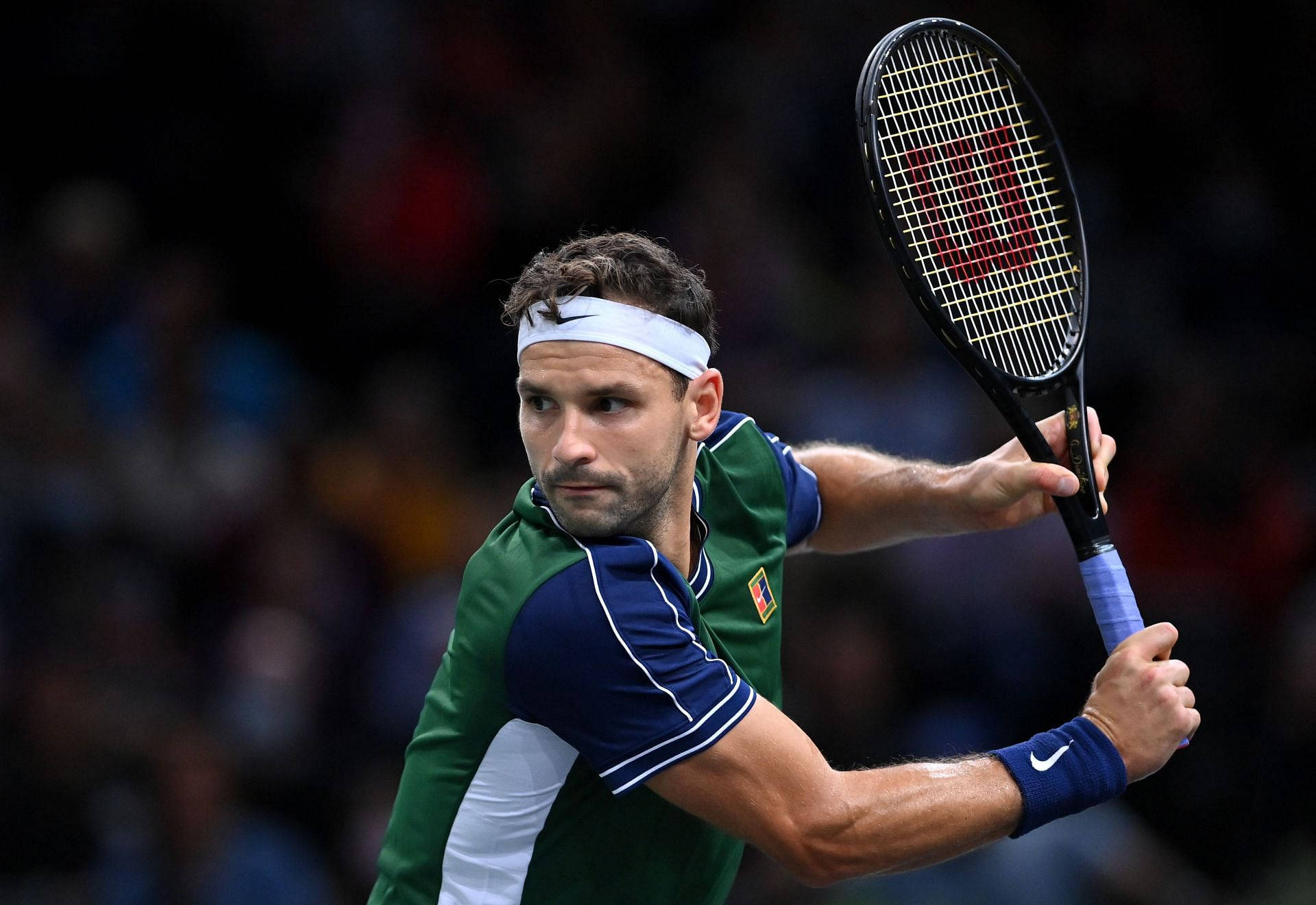 Grigor Dimitrov, tennis racket, green and blue gear, Full HD Desktop Wallpaper