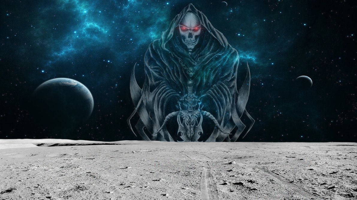 Grim Reaper Galaxy, skeletal figure, glowing red eyes, SD Desktop Wallpaper